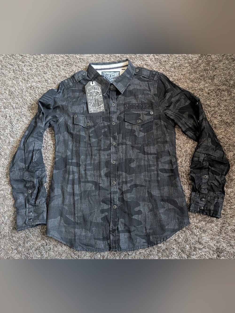 NWT Affliction Black Camo Freedom Cotton Rhinestone LS Button Up Women's M